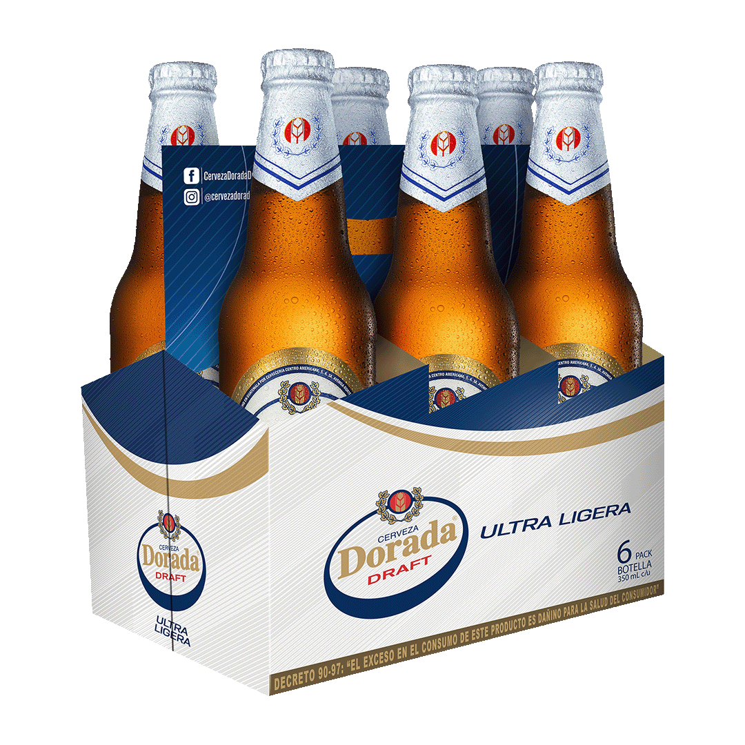 Six Pack Dorada Draft Ultra Ligera en botella.